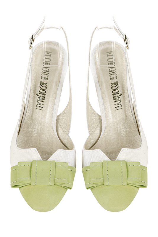 Meadow green and pure white women's open back shoes, with a knot. Round toe. Medium slim heel. Top view - Florence KOOIJMAN
